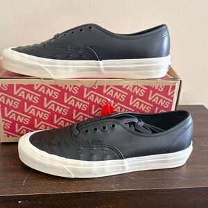 Vans Men's Black Leather authentic weave Sneakers with White Soles